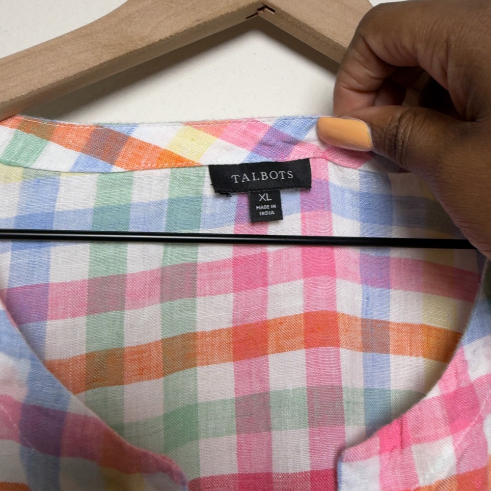 Talbots Women 100% Linen Top‎ XL Multi-Color Gingham Picnic Whimsy Resort - Picture 3 of 8